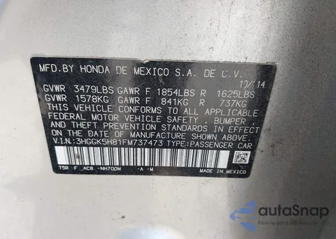 2015 Honda Fit Ex/Ex-L from USA, damaged, VIN 3HGGK5H81FM737473